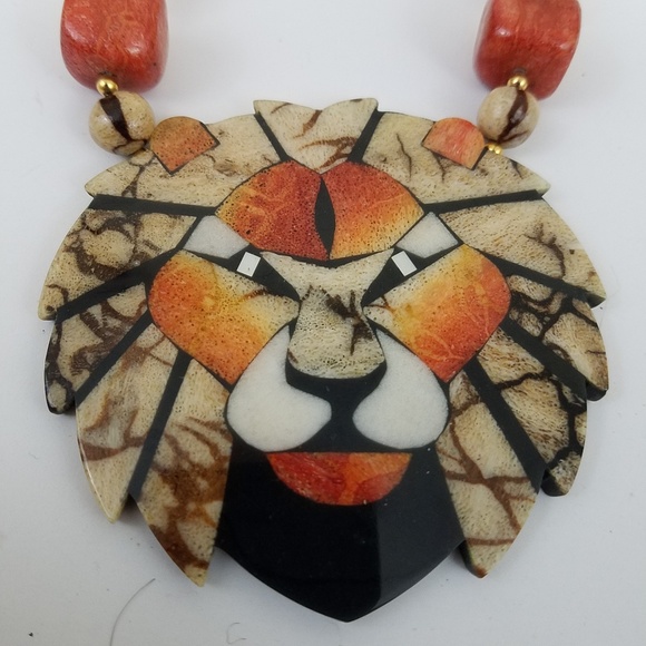 Natural Apple Coral Beaded Lion Pendant Necklace
